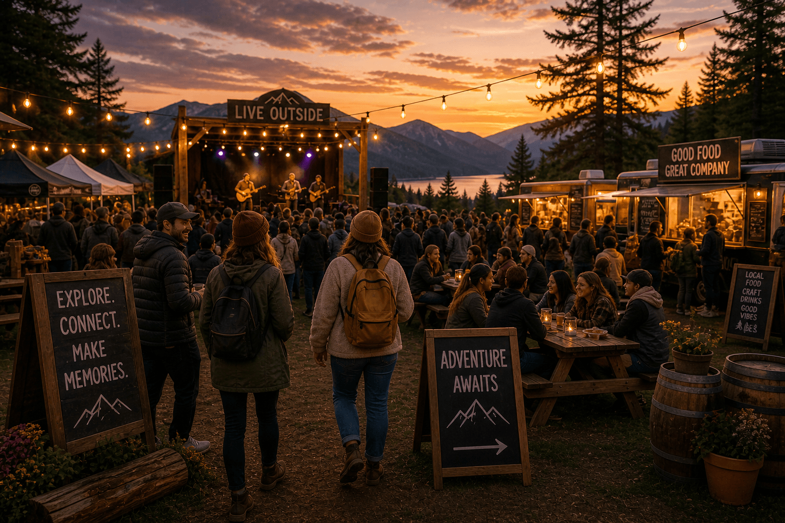 An outdoor festival with music and food stalls