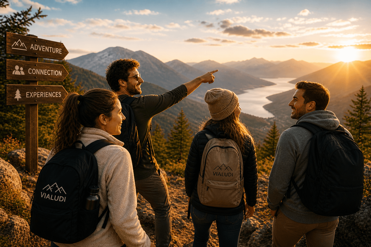 A group of friends with backpacks at an adventure trail signpost