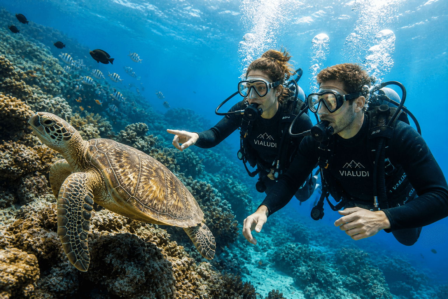 A scuba diver swimming with a sea turtle