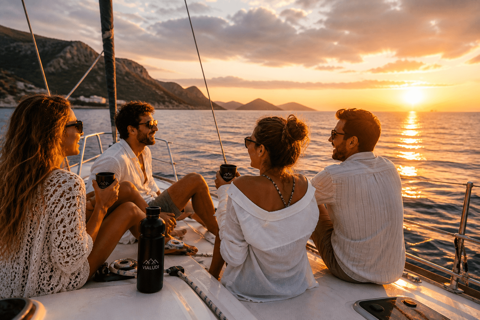 Friends enjoying a sunset sailboat cruise