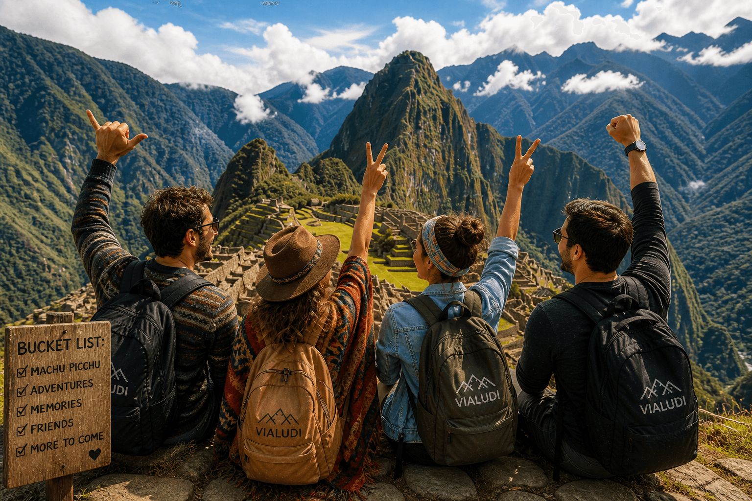 Friends celebrating at Machu Picchu