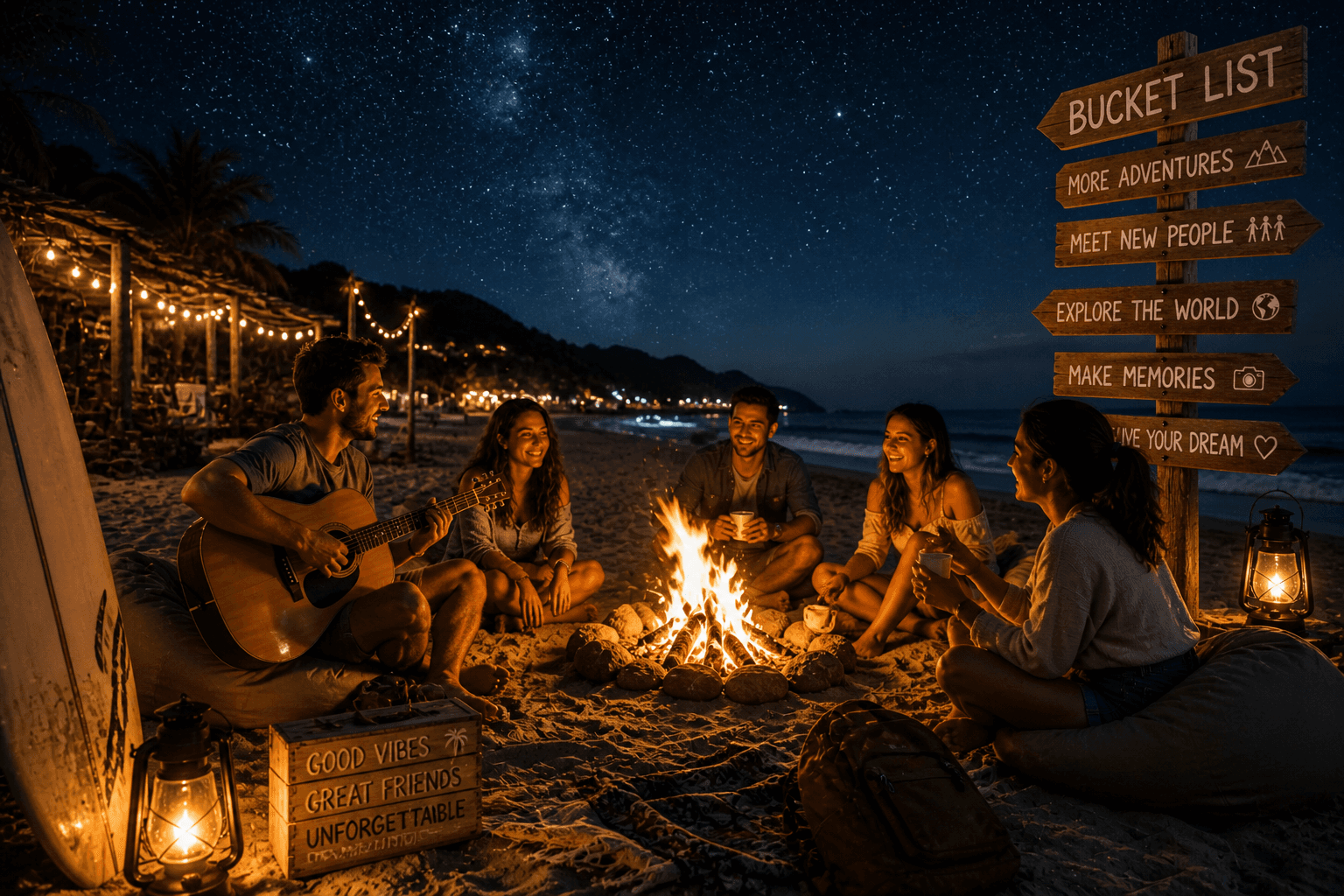 Friends gathered around a beach campfire at night
