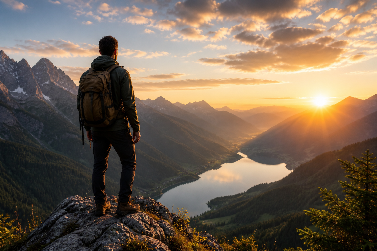 A person pausing above a mountain valley at sunrise